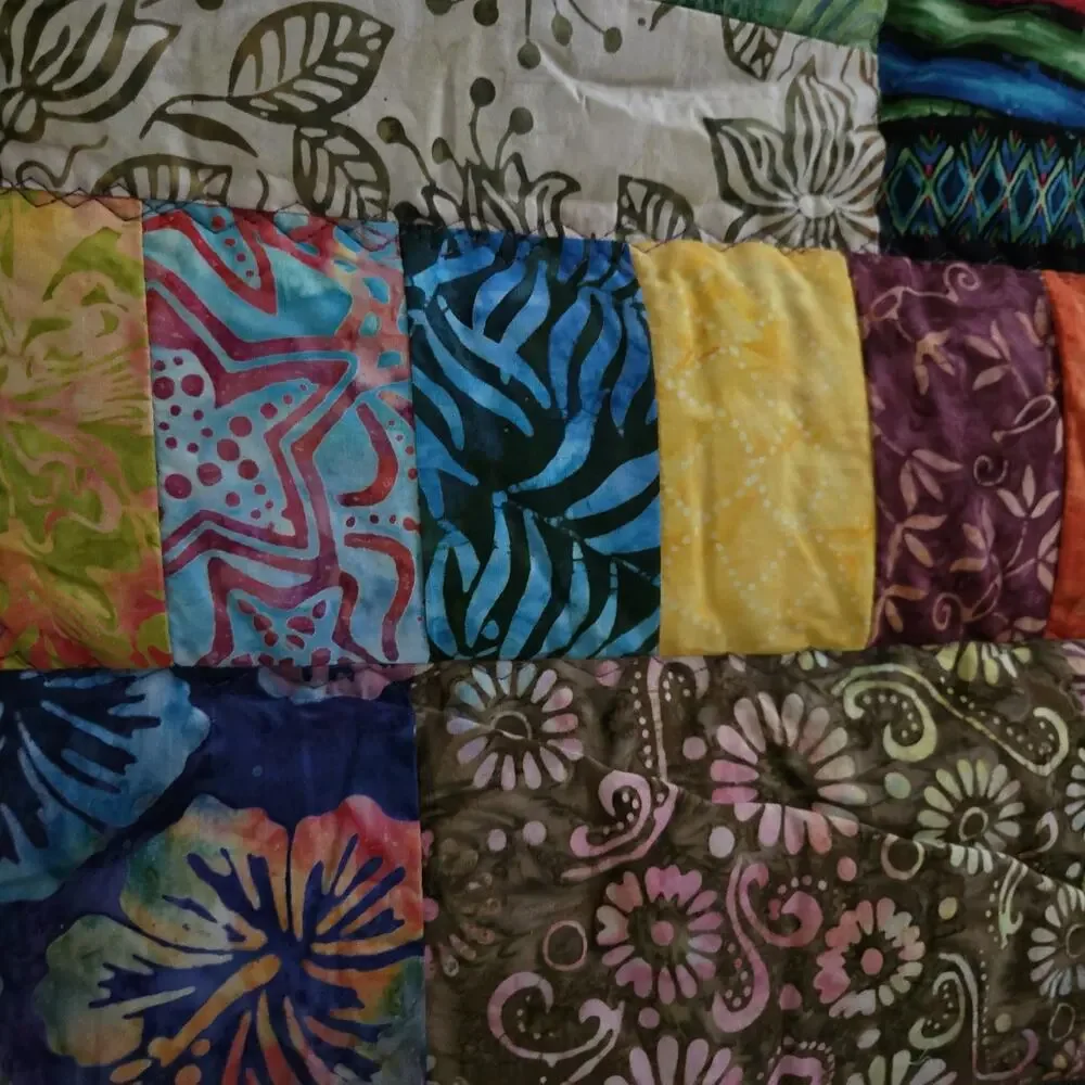 Handmade Batik Patchwork Throw Quilt – Tree of Life Center Panel – Colorful Art